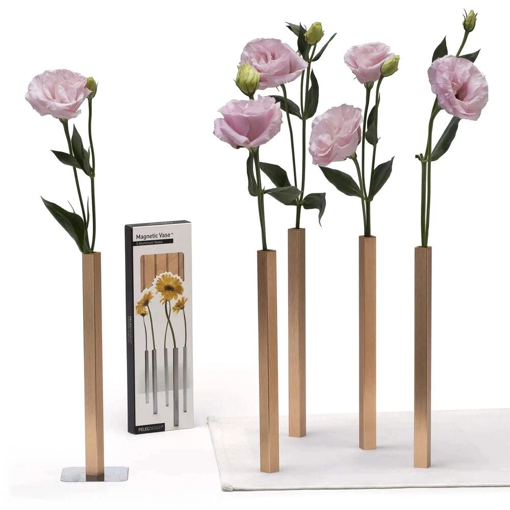 Peleg Magnetic Flower Vase Set Gold Aluminum Single Stem Vases 9.4" Tall